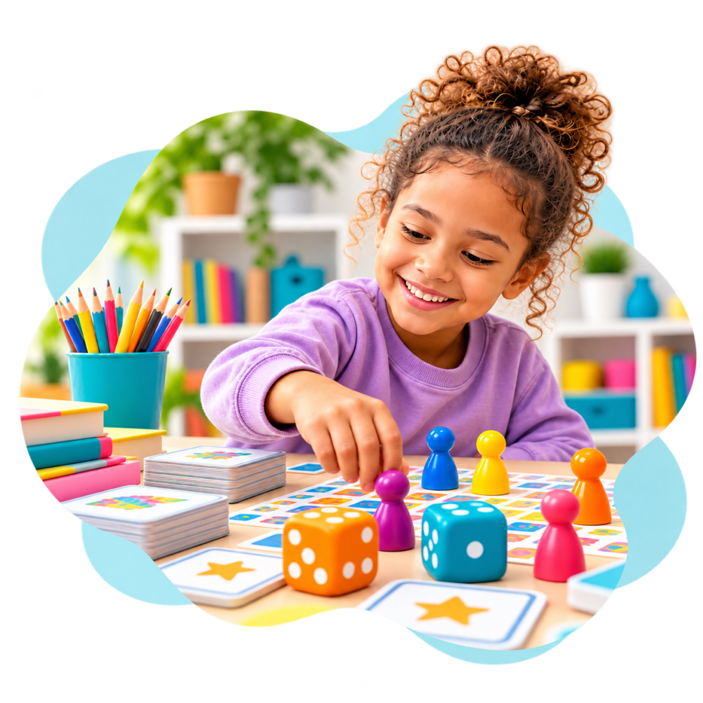 Joyful Girl Playing a Colorful Board Game